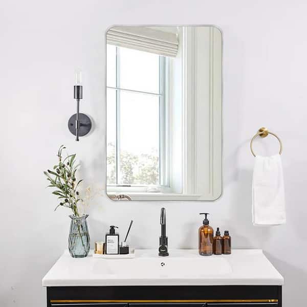 22 in. W x 30 in. H Modern Rectangular Aluminum Alloy Silver Rounded Corner Wall Mirror/Decorative Mirror