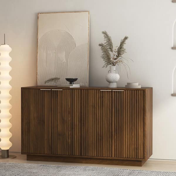 Bertha Modern Brown Wood 55.1 in. Fluted Buffet Storage Sideboard, Storage Cabinet with Adjustable Shelves