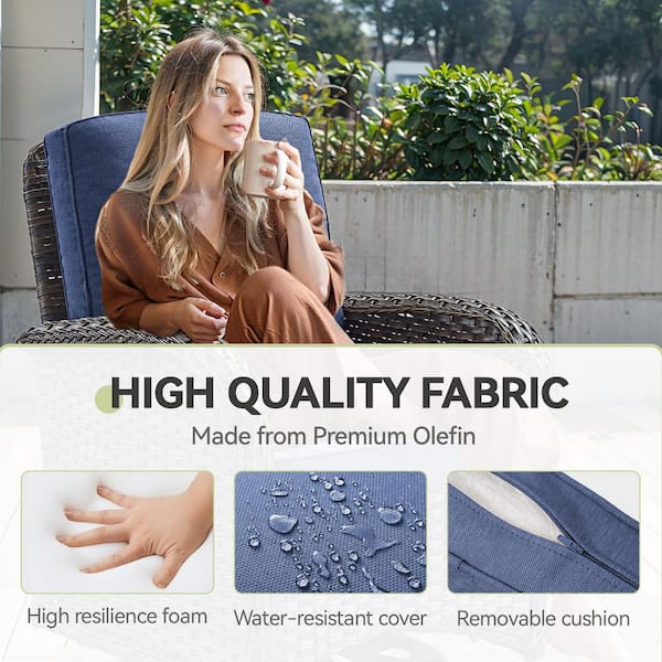 Rotavia 3-Piece Brown Wicker Patio Conversation Set with Olefin Blue Cushions Outdoor Swivel Glider with Side Table