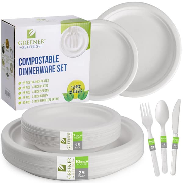 GREENER SETTINGS 10/7 in. White Compostable Disposable Paper Plate Set Plus  Cutlery [25 Guest Service] 150RD10-07CUT - The Home Depot