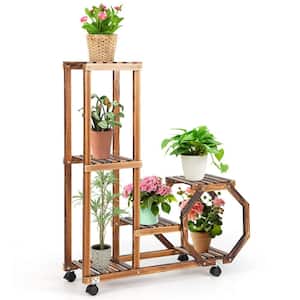 6-Tier 6 Potted Rolling Plant Stand Wooden Storage Display Shelf Rack with Wheels