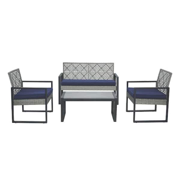 Gray 4-Piece Wicker Patio Conversation Set with Blue Cushions