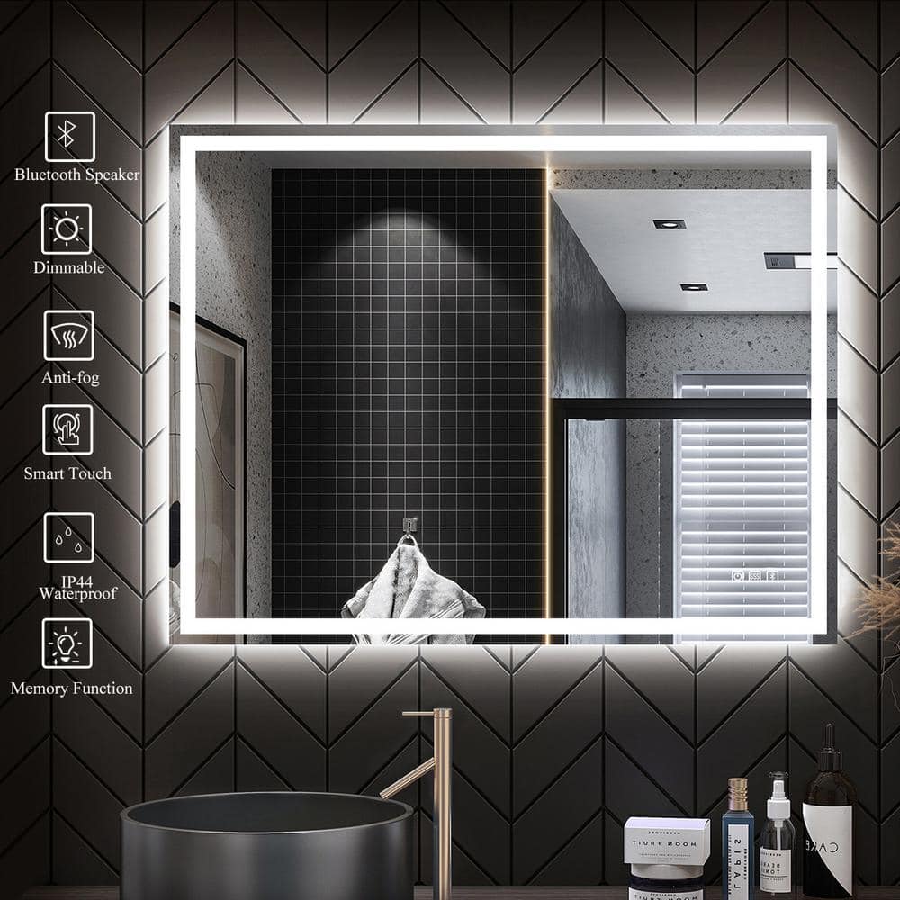 LED Lighted 32'' x 24'' Frameless Bathroom Vanity Mirror with Defogger