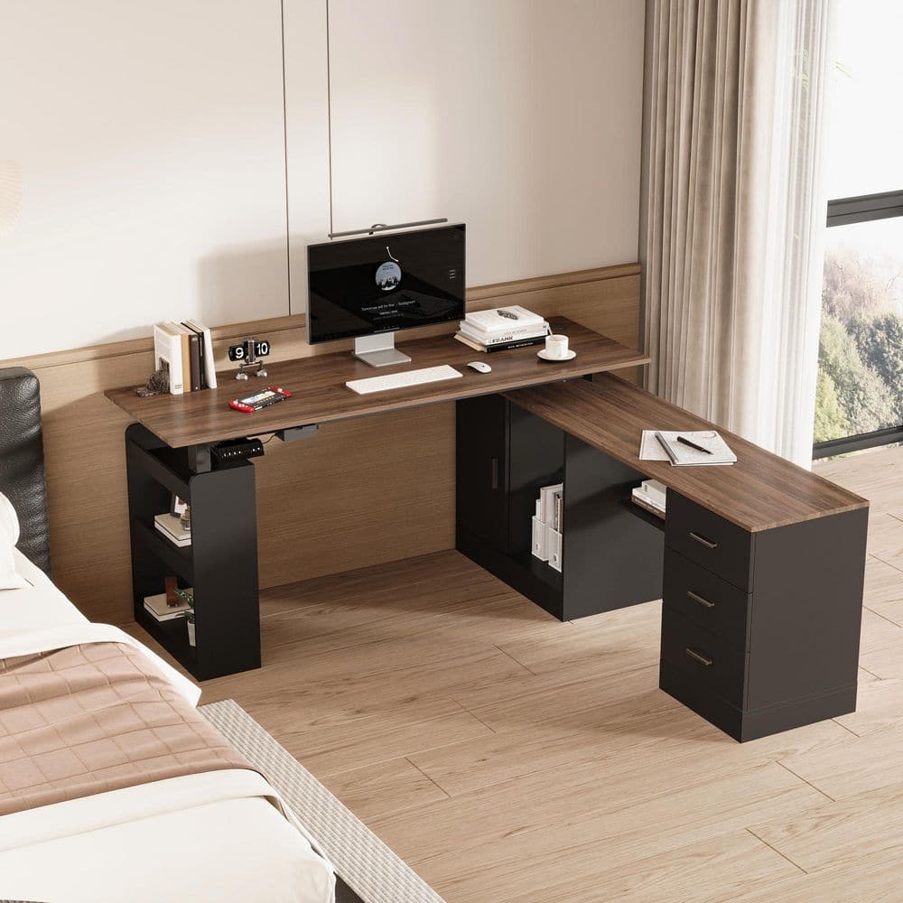 FUFU&GAGA 63 in. W L-Shape Black & Wood Grain Wooden 3-Drawer