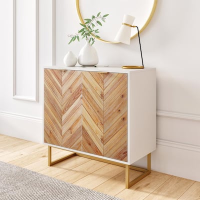 Enloe White Frame with Brown Rustic Doors and Gold Base Free Standing Modern Storage Cabinet for Entryway or Living Room