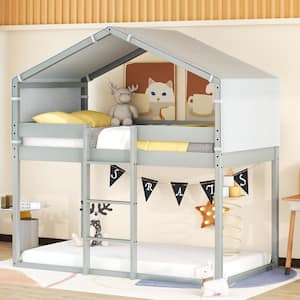 Gray Twin over Twin Wood Hosue Bunk Bed with Removeable Tent