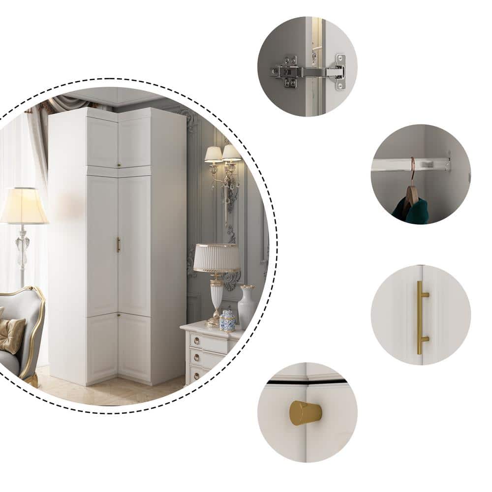 White Wood 35.4 in. W 6-Door Corner Wardrobe Armoires with Hanging Rod, Storage Shelves 93.9 in. H x 35.4 in. D - thumbnail 8