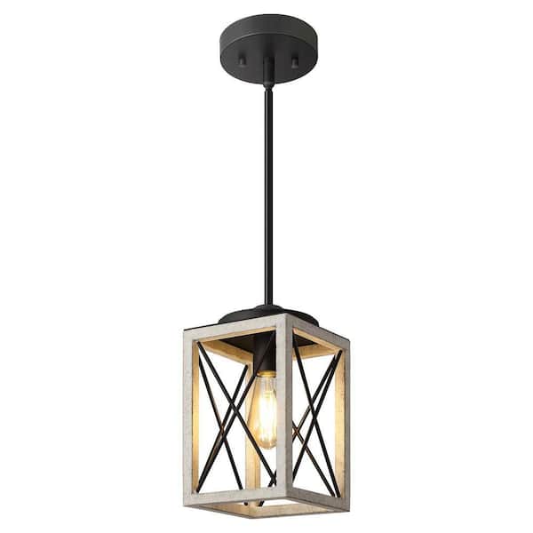 60-Watt 1-Light Farmhouse Pendant Light with White Wooden Grain Finish Shade, No Bulbs Included