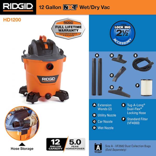 Ridgid 12 gal. 5.0-Peak HP NXT Wet/Dry Shop Vacuum with Filter, Hose and Accessories