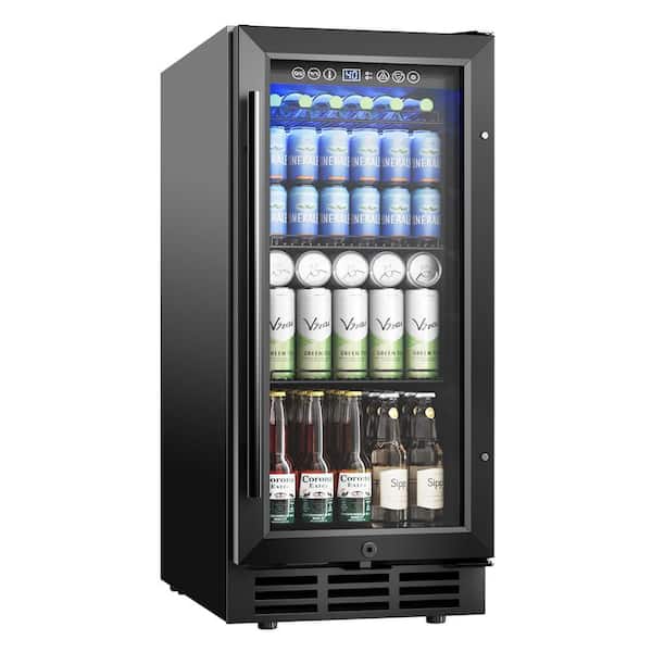 15 in. Single Zone 127-Cans Undercounter Freestanding/Built-in Beverage and Wine Cooler in Black with Auto LED