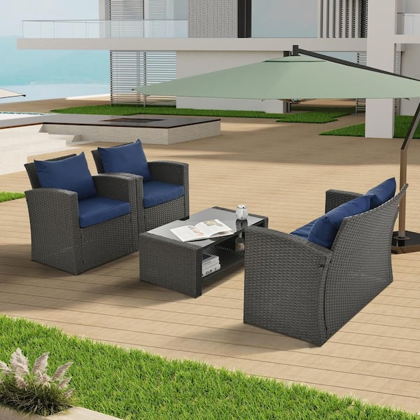 Unbranded Dark Gray 4-Piece Wicker Patio Conversation Set, Outdoor Sectional Set with Blue Cushions for Backyard Poolside