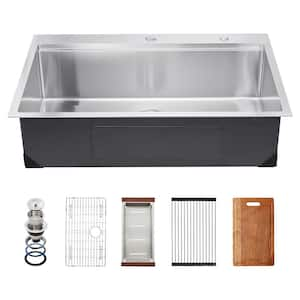 33 in. Kitchen Sink Workstation, 304 Stainless Steel Top Mount Sinks, Drop-In Single Bowl Farmhouse Basin with Ledge