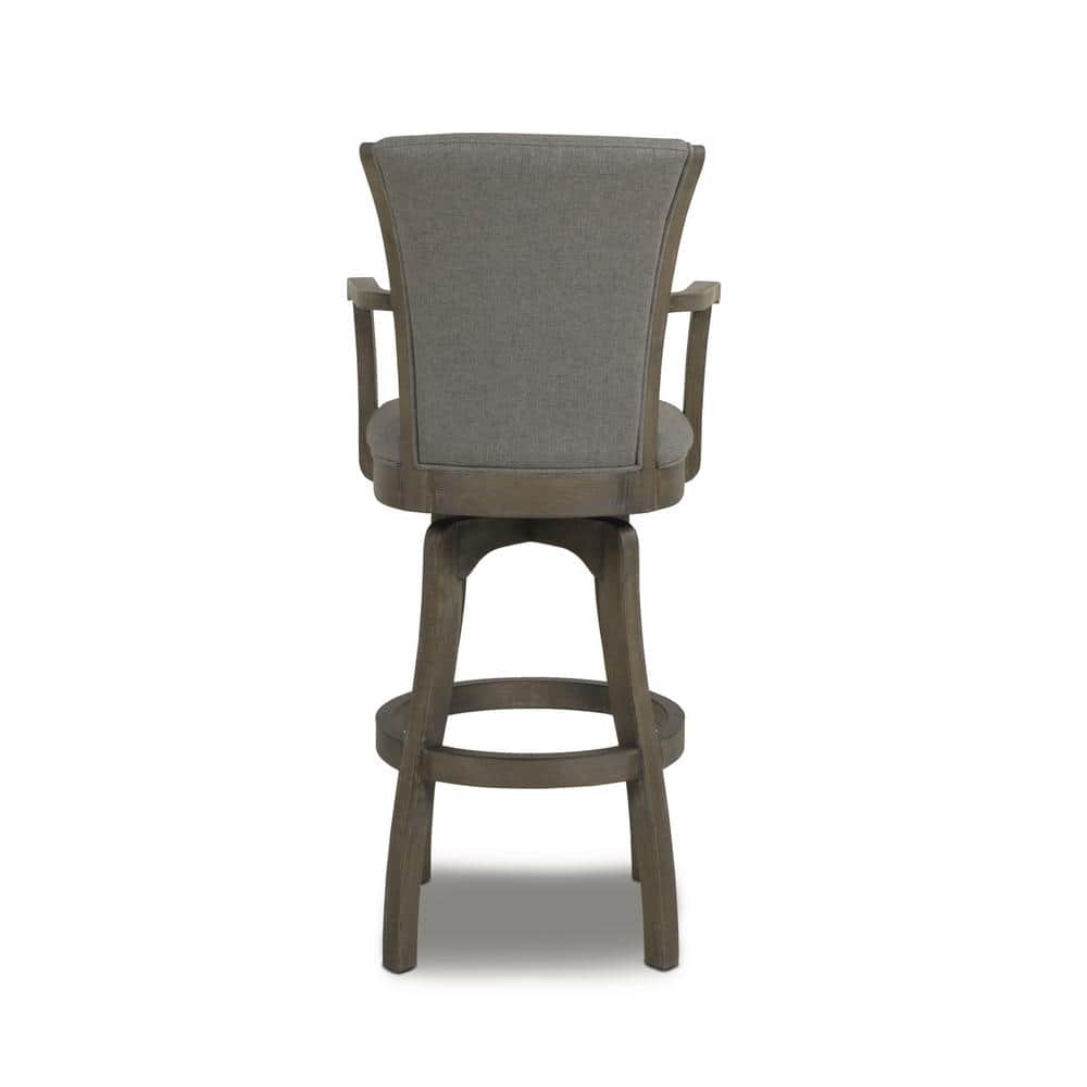 Distressed Wood Swivel Bar Stool with Gray Leather Cushion and Armrests