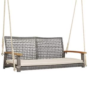 55 in. Double White Wicker Patio Swing (without Umbrella)