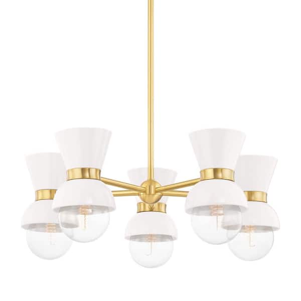 KLOOOR 5 light 28 In. Aged Brass Ceramic Gloss Cream Chandelier, Ceiling Light for Dinning Room Living Room
