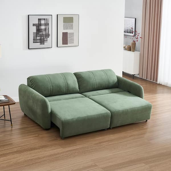 98.5" Modern Electric Slide Sleeper Couch Green Sueded Faux Leather Twin XL Size Pull Out Sofa Bed Living Room Sectional
