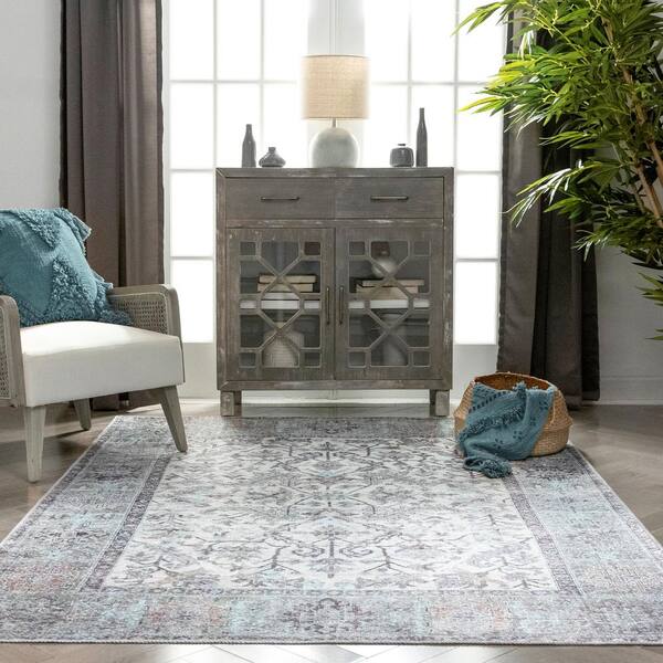 Well Woven Lotus Macon Machine Washable Vintage Medallion Botanical Border Beige Flat-Weave Distressed 5'3 x 7'3 Area Rug Well Woven Lotus Macon Machine Washable Vintage Medallion Botanical Border Beige Flat-Weave Distressed 5'3 x 7'3 Area Rug