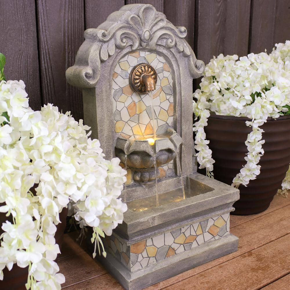 Gray Polyresin Outdoor Wall Fountain with LED Light