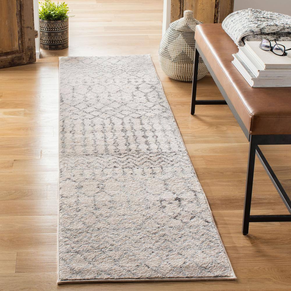 Ivory and Grey Synthetic Moroccan Runner Rug