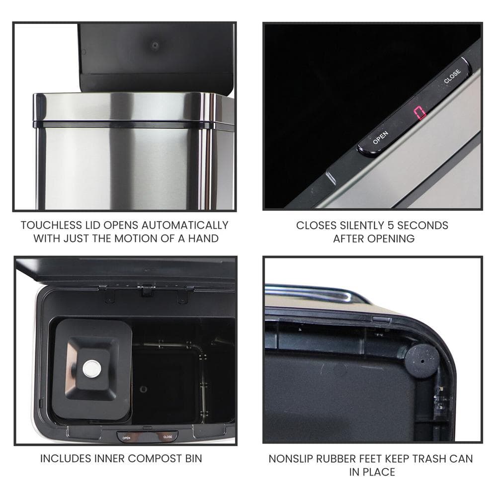 Silver Stainless Steel Touchless 16-Gallon Trash Can