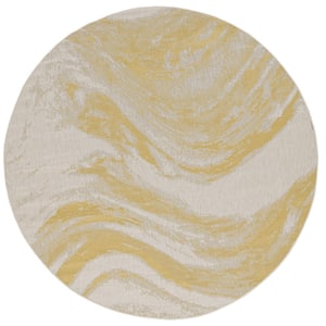 Isla Gold 8 ft. Round Transitional Watercolor Indoor/Outdoor Area Rug