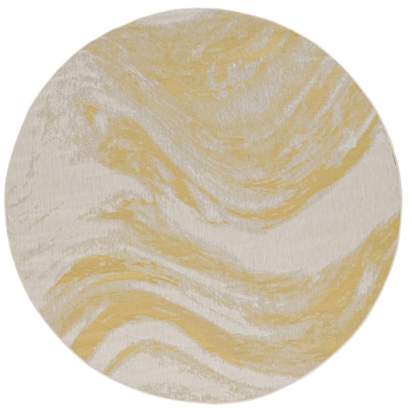 MILLERTON HOME Isla Gold 8 ft. Round Transitional Watercolor Indoor/Outdoor Area Rug