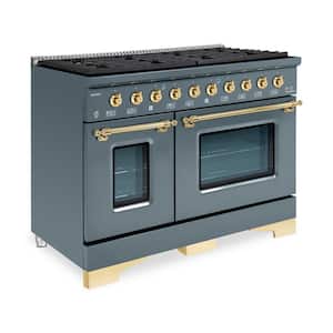 CLASSICO 48-in 6.7 TTL CF 8-Burners Double Oven All Gas Range with NG Gas Stove-Gas Oven, in Blue/Grey W/Brass Trim