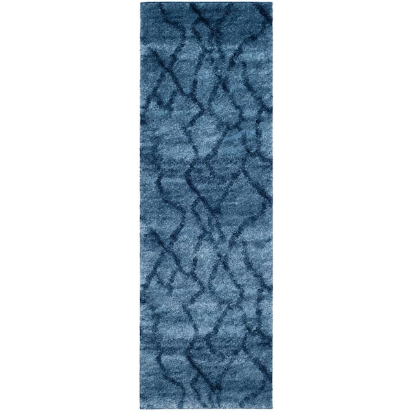 Retro 2 ft. x 13 ft. Blue/Dark Blue Abstract Geometric Runner Rug