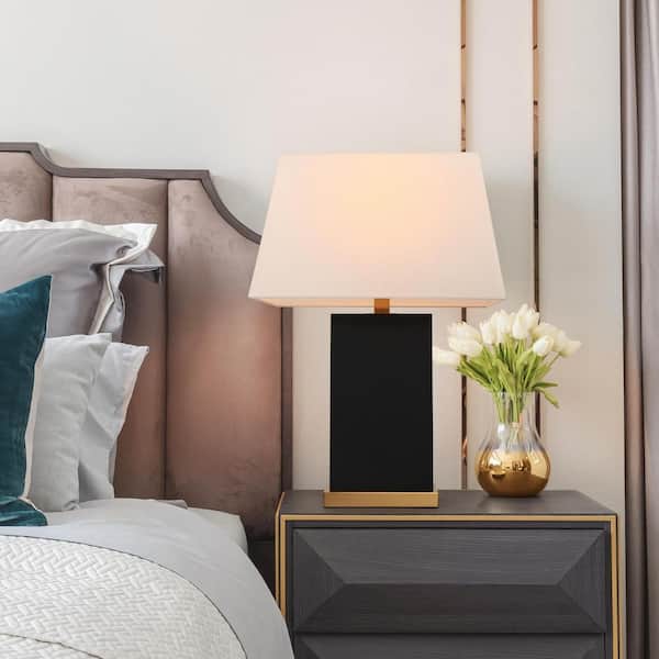 Modern 26 in. Black and Brass Gold Metal Table Lamp Living Room Bedroom Desk Lamp with White Fabric Shade Rectangle Base