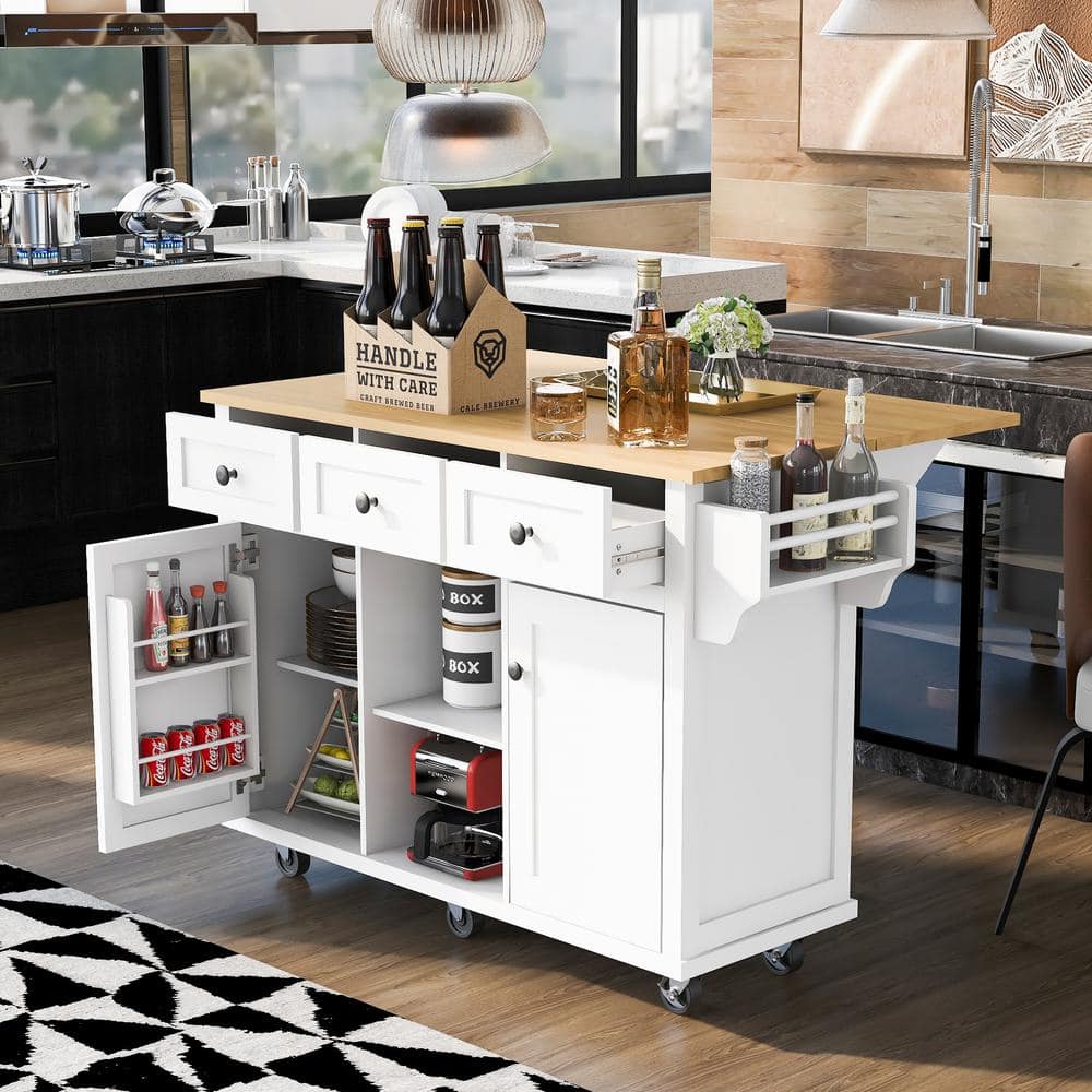 White Wood Drop-Leaf Countertop 53 in. Kitchen Island on 5-Wheels with Stor