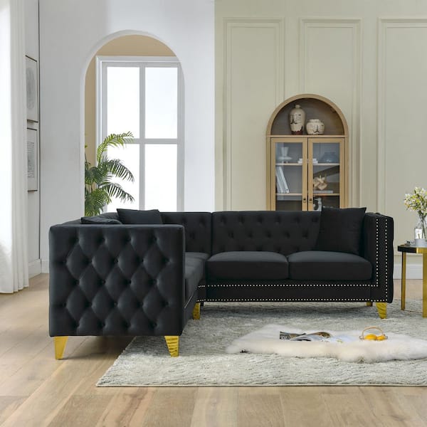 Norvick Modern Glam 82.2 in. Nailhead and Button Tufted Velvet Upholstered L-Shaped Sectional Sofa in Black with Pillows