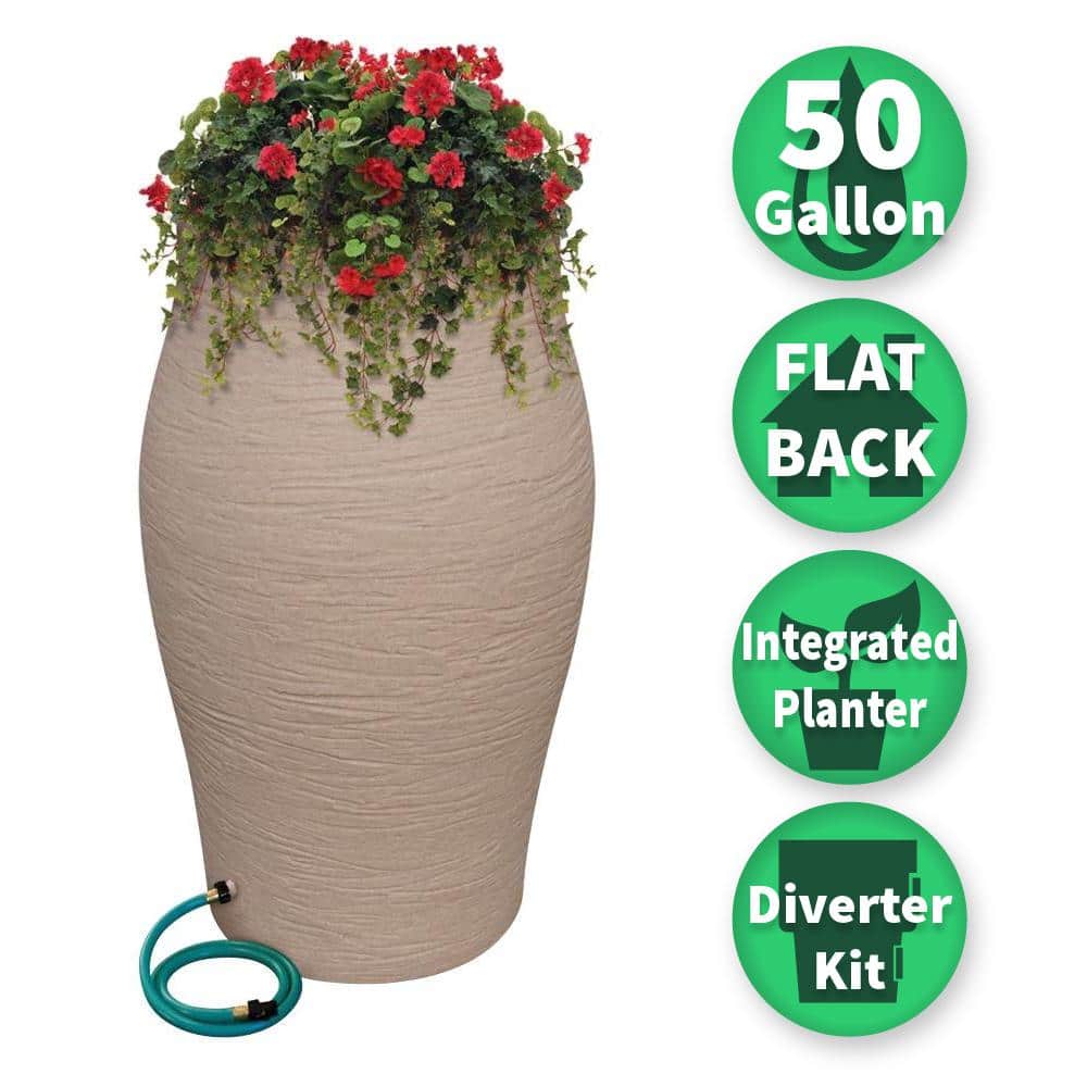 Sand 50 Gallon Stoneware Urn Rain Barrel with Hose