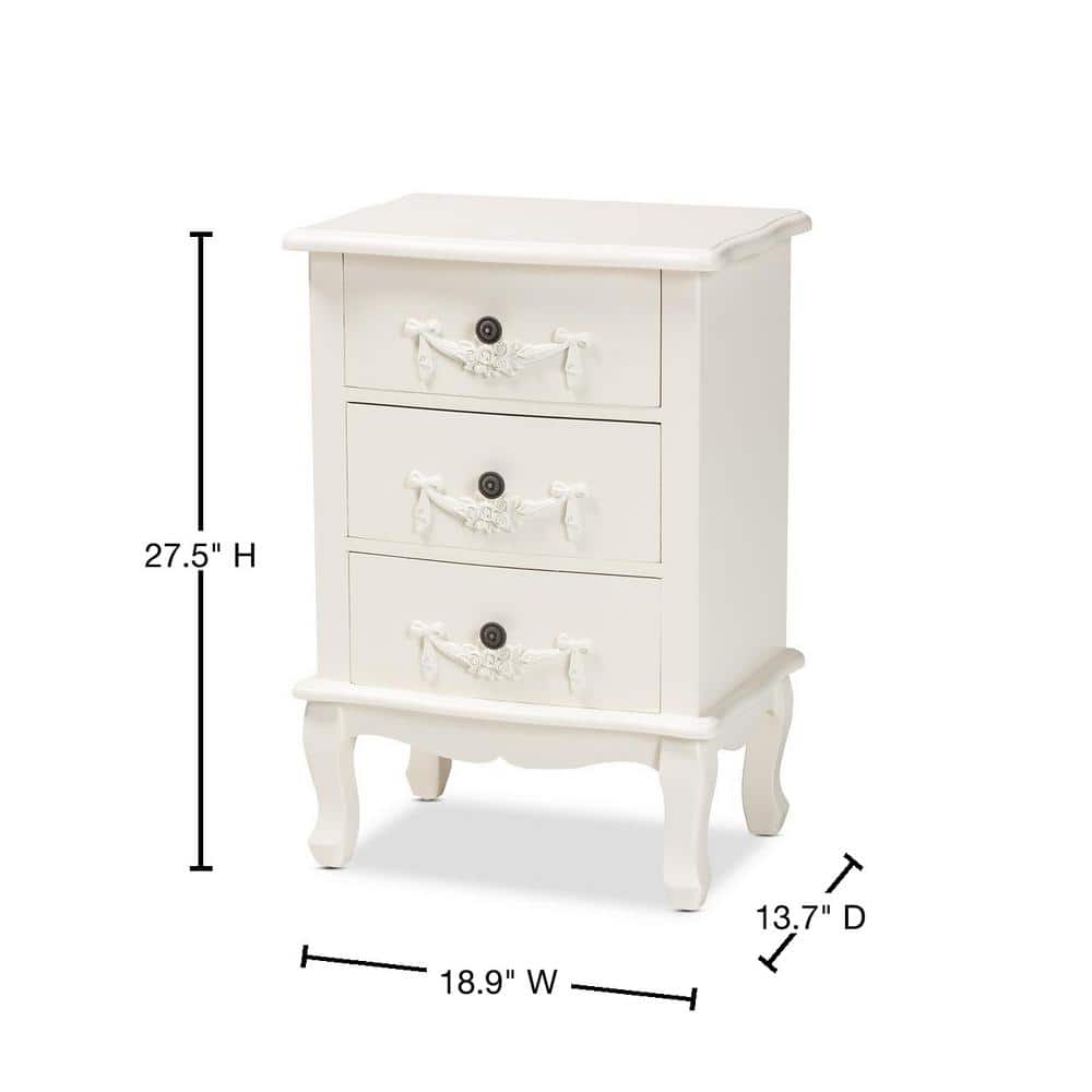 Callen Traditional White 3-Drawer Wood Nightstand with Floral Moldings