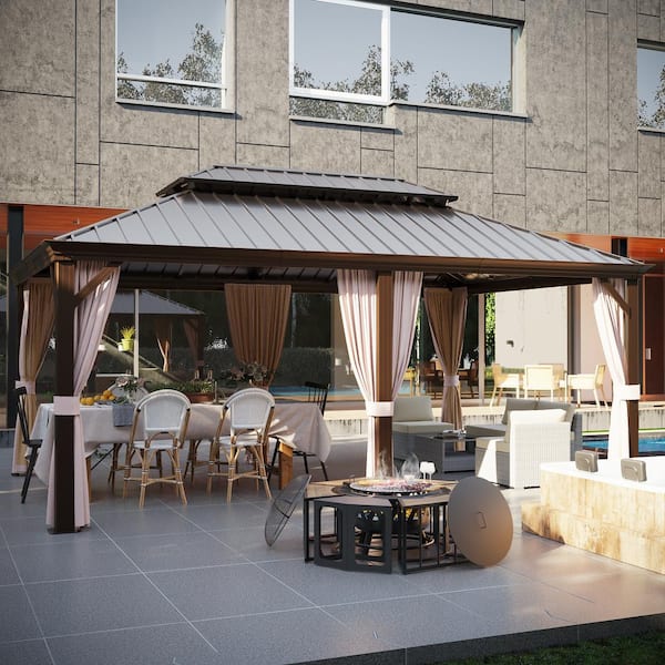JOYSIDE 12 ft. x 20 ft. Aluminum Outdoor Gazebo Double Galvanized Steel Roof with Ceiling Hook, Mosquito Netting and Curtains
