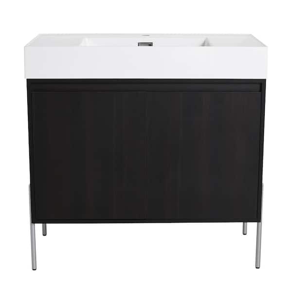 36 in. Single Sink Freestanding Black Bath Vanity with White Resin Top (Assembled), Buffer Damping, Bevel Handle