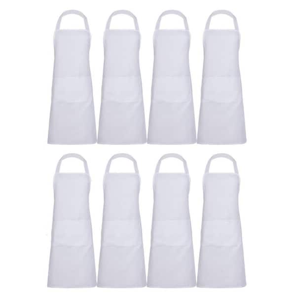 White Plain Bib Apron with 2 Pockets for Kitchen, Cooking, Restaurant, BBQ, Painting and Crafting (8-Pack)