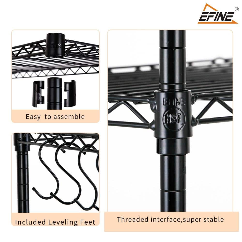 Black Carbon Steel 4-Tier Utility Shelving Unit with Hooks