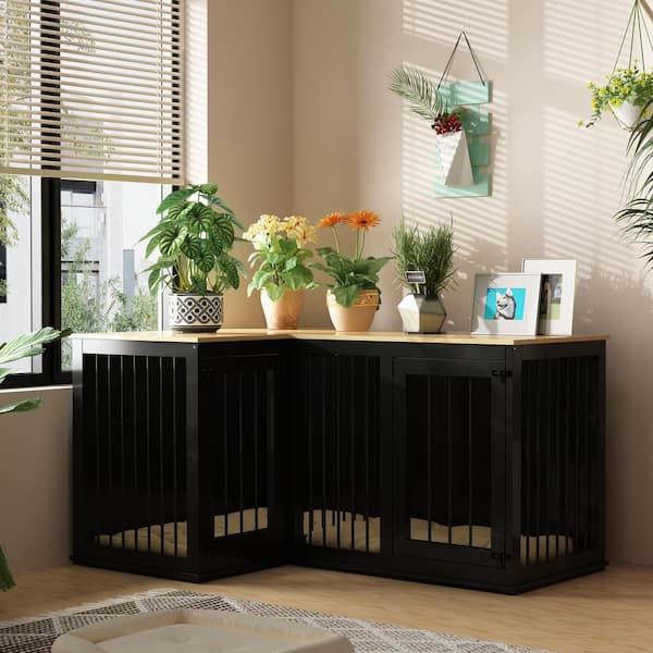FUFU&GAGA Dog Crate Furniture for 2 Dogs, Large Wooden Double Dog Kennel Corner Dog Crate Cage with Dividers for Medium Dog, Black