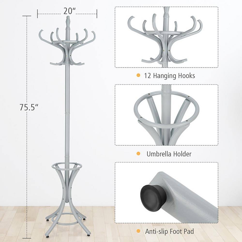 Gray Birch Wood Standing Coat Rack with Umbrella Holder