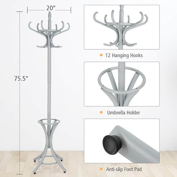 Clihome Gray Wooden Standing Coat Rack Tree with 12 Hooks and
