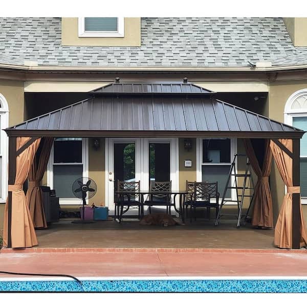 PURPLE LEAF 13 ft. x 17 ft. Bronze Aluminum Power-Coated Frame GalvanizedSteel Double Roof Hardtop Gazebo Hook Netting Khaki Curtain