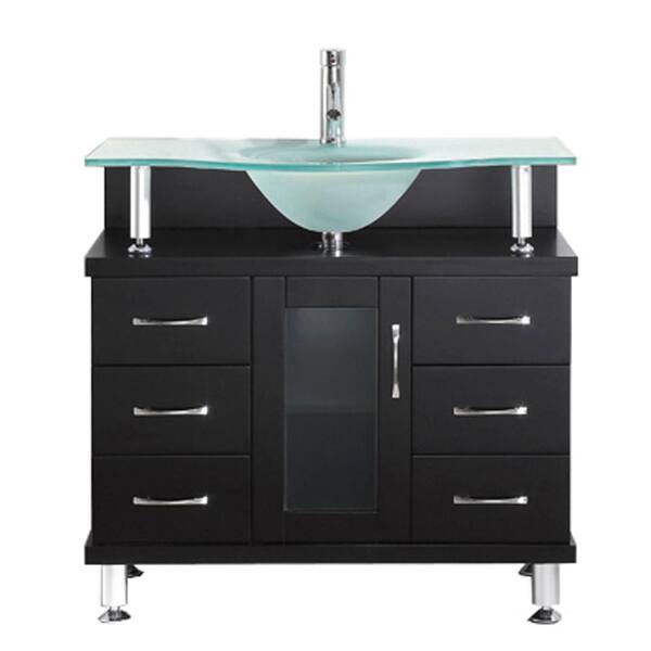 Virtu USA Vincente 36 in. W Bath Vanity in Espresso with Glass Vanity Top in Aqua with Round Basin