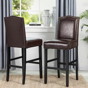 45 in. H Coffee Bonded Leather High-Back Barchair with Studded Decor (Set of 2)