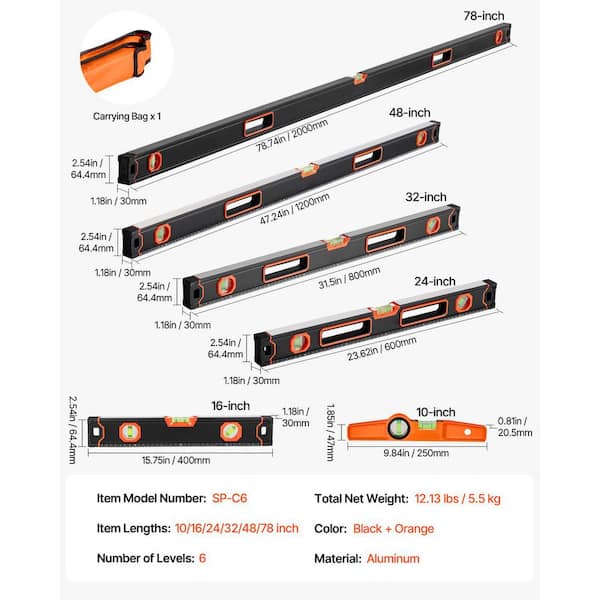 SKYSHALO 6-Piece Torpedo Level, 78/48/32/24/ 16/10 In. All