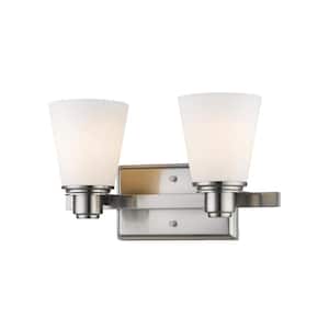 Kayla 13.75 in. 2-Light Brushed Nickel Vanity Light with Matte Opal Glass Shade