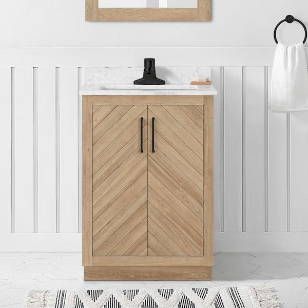 Huckleberry 24 in. Single Sink Weathered Tan Bath Vanity with White Engineered Marble Top (Assembled)