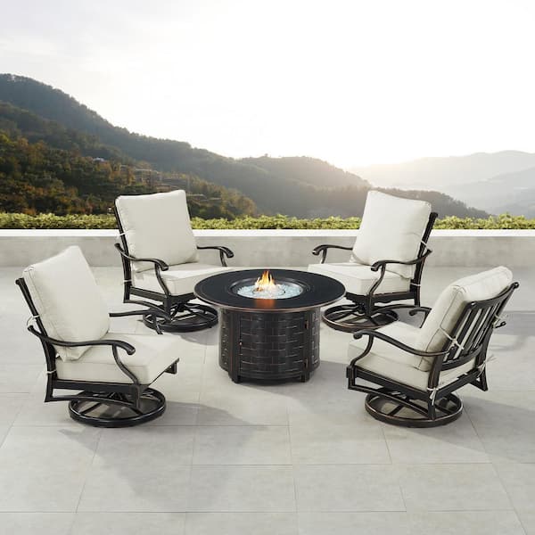 Black 5-Piece Aluminum Patio Fire Pit Set with Light Grey Cushions