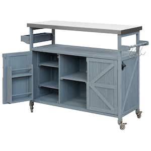 50.25 in. Patio Gray Blue Wood Outdoor Rolling Bar Cart Storage Cabinet Outdoor Bar with Spice Rack and Towel Rack