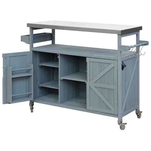 Runesay 50.25 in. Patio Gray Blue Wood Outdoor Rolling Bar Cart Storage Cabinet Outdoor Bar with Spice Rack and Towel Rack
