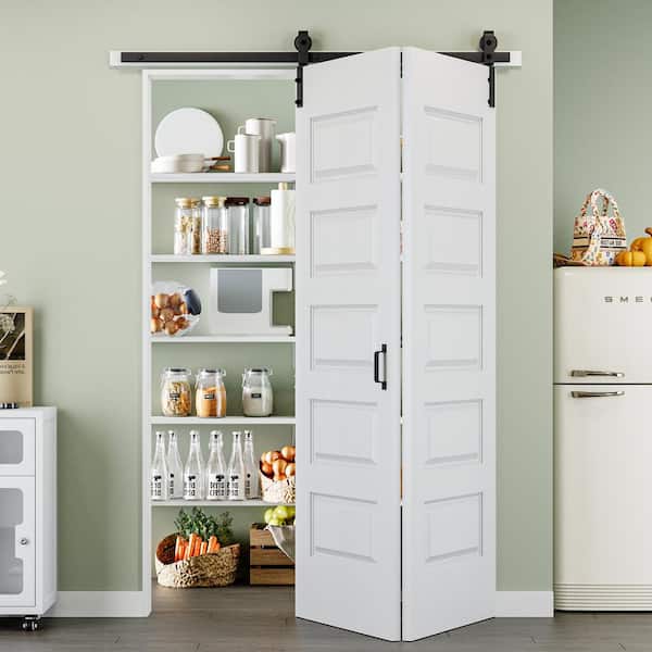 56 in. x 84 in. Paneled 5-Lite White Primed MDF Composite Bi-fold Sliding Barn Door with Hardware Kit and Handle